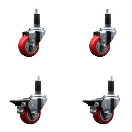 Service Caster 3'' Red Poly Wheel Swivel 1-1/8'' Expanding Stem Caster Set 2 Brakes, 4PK SCC-EX20S314-PPUB-RED-2-PLB-2-118